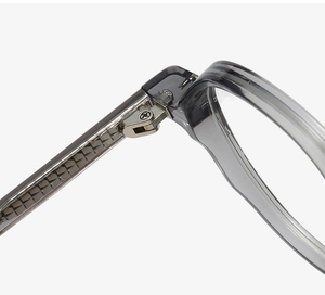Detail of sturdy silver metal hinge on vintage oval grey transparent eyewear frames