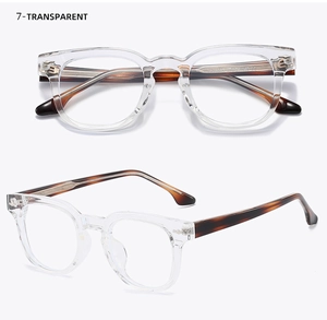 Detail view of transparent square frames with tortoiseshell temples made of TR90 material