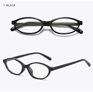 Front and side views of vintage black oval eyeglass frames with high-gloss finish