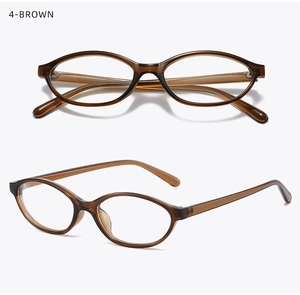Detailed top and side view of oval brown translucent eyewear frames in a light minimalist style