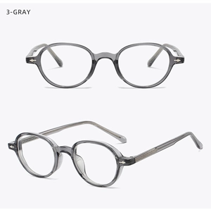 Detail view of transparent grey oval eyeglass frames with durable metal core temples
