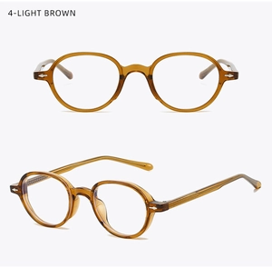 Dual view of light brown oval anti-blue light glasses with retro acetate frames