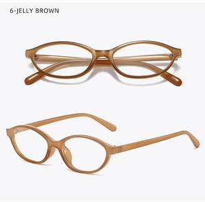 Detail view of oval jelly brown eyewear frames in multiple angles with transparent finish