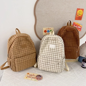 Women Plaid Corduroy Backpack Fashion Korean Style Large Capacity Schoolbag For Students Daily Travel Lightweight