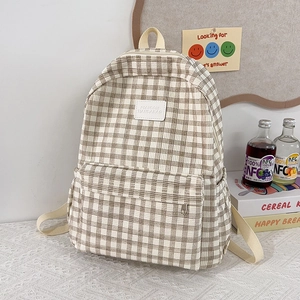 Minimalist checkered canvas school backpack with beige and brown plaid for college girls