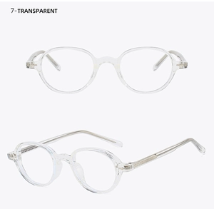 Detailed view of oval transparent glasses frame with visible silver metal core wire