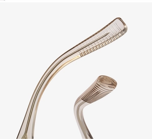 Close-up of translucent light brown temple tips with metal core and non-slip texture