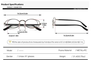 Detailed size chart for retro futuristic double bridge oval metal frame glasses