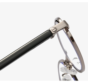 Macro view of silver metal hinge and durable screw connection on oval eyewear frames