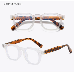 Detail of matte transparent square frames with vintage rivets and tortoiseshell temples