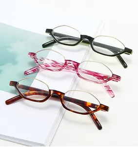 Detailed view of three half-rim retro oval glasses in black, pink, and tortoise patterns