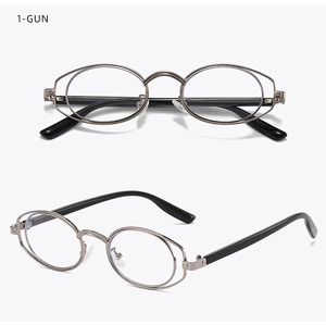 Detail view of gunmetal oval glasses frame with unique double-layer rim and metallic finish