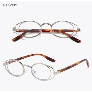 Detail view of silvery metal oval glasses with double frame and tortoiseshell temples