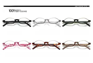 Detailed flat lay of small round polygon glasses frames in six various assorted colors