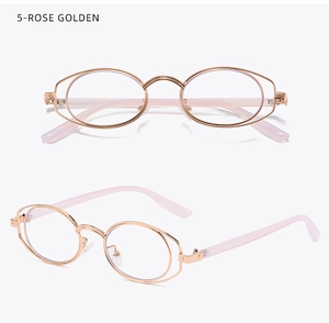 Detail view of rose golden double-rim oval glasses with futuristic metal frame design