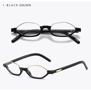 Detail of vintage polygonal glasses frame in black and golden finish from side and front view