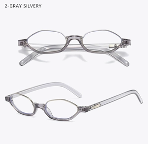 Detail view of vintage grey polygonal small frame glasses with silver accents