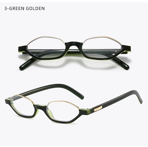 Detailed views of retro polygon glasses frames in green golden with metal trim