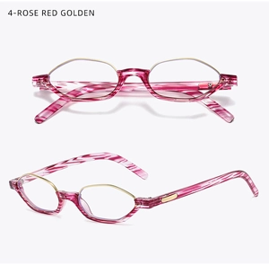 Detail of geometric rose red glasses frame with golden metal trim and marble texture