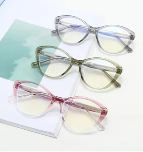 Detail of cat eye glasses showing metal core temples and translucent resin frames