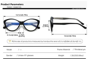 Detailed size chart for cat eye sunglasses with TR and metal pin frame specifications