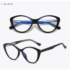 Detail of black cat-eye anti-blue light glasses showing lens blue coating and frame