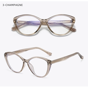 Detail of champagne cat-eye eyewear frame with elegant quilted texture on the temples