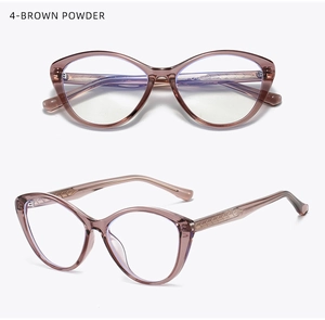 Close-up of cat-eye frames in brown powder with textured geometric temples detail