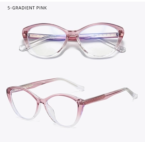 Detailed view of cat eye glasses frame with gradient pink finish and sleek temples