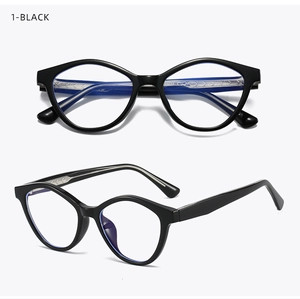 Vues de face et de profil de montures de lunettes œil-de-chat noires en TR90