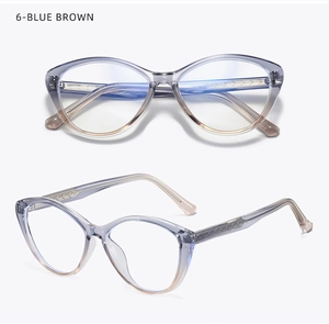 Detail of cat-eye frames featuring blue-brown gradient finish and arrow-feather pattern