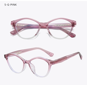 Vue détaillée des lunettes œil-de-chat avec monture TR90 dégradé rose et tiges en métal