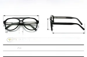 Detailed dimension guide for black aviator glasses frame with TR material and metal pins