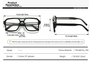 Size chart showing dimensions for unisex aviator glasses with TR and metal frame