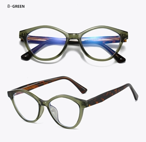 Détails de lunettes œil de chat rétro avec monture verte, branches en écaille et verres bleus