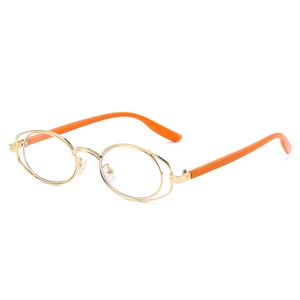 Futuristic golden oval metal glasses frames with distinctive orange temples on white background