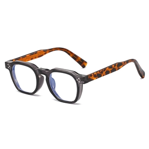 Retro thick square glasses with transparent grey frame and tortoiseshell temples