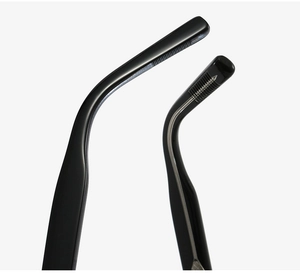 Detail of glossy black aviator sunglass temples with reinforced internal metal wire core