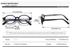 Detailed size guide and technical specs for oval anti-blue light acetate glasses