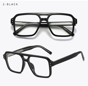 Detail view of black square double-bridge aviator frames with non-slip temple texture