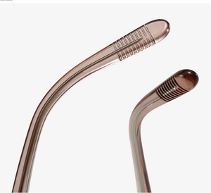 Detailed close-up of translucent brown eyeglass temple tips with anti-slip grooves