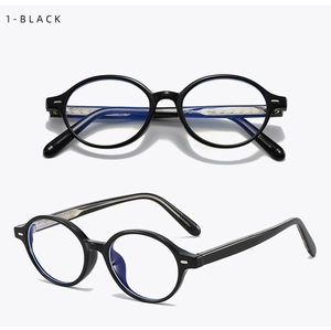 Detail view of black oval frame eyeglasses with blue light blocking lenses and TR90 temples
