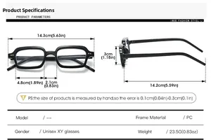 Detailed size chart for retro square frame glasses showing PC frame dimensions and weight