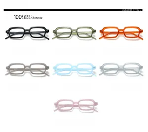 Multiple stylish thick square glasses frames in various translucent jelly colors
