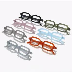 Detailed flat lay of oversized square glasses frames in seven trendy matte colors