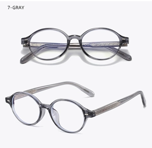 Detail view of grey oval frames featuring retro metal wire temple patterns and TR99 material