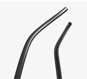 Detail of glossy black ergonomic temple tips on high-quality square eyeglasses frame