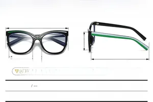 Detailed size chart of cat eye glasses frame showing 14.9cm width and 13.8cm temple length