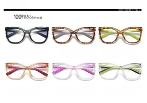 Matrix view of six cat-eye glasses frames in contrasting colors and tortoiseshell patterns