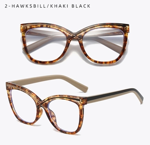 Detail of tortoiseshell cat eye frames with contrasting khaki and black temple colors